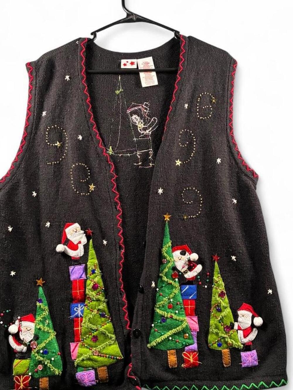 Winter Vest Black and Gray Christmas Sweater Vest with Santa and Tree Embs